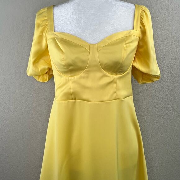 Something New Gloria Short Puff Sleeve Yellow Satin Mini Dress Medium NWT - Picture 5 of 13